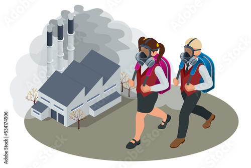 Isometric Pollution of the environment concept. Girl and boy in gas masks in the city. Air pollution from factories.Air pollution from factories. Smog city from PM 2.5 dust. CO2 emissions.