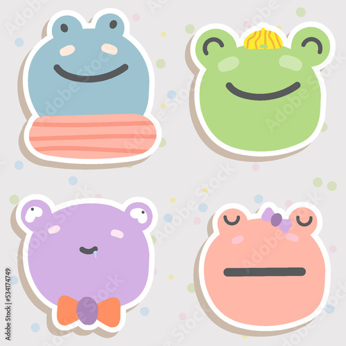 Frog Face Mood Sticker. Cute Wildlife Cartoon Animal hang on Tag Vector Illustration.