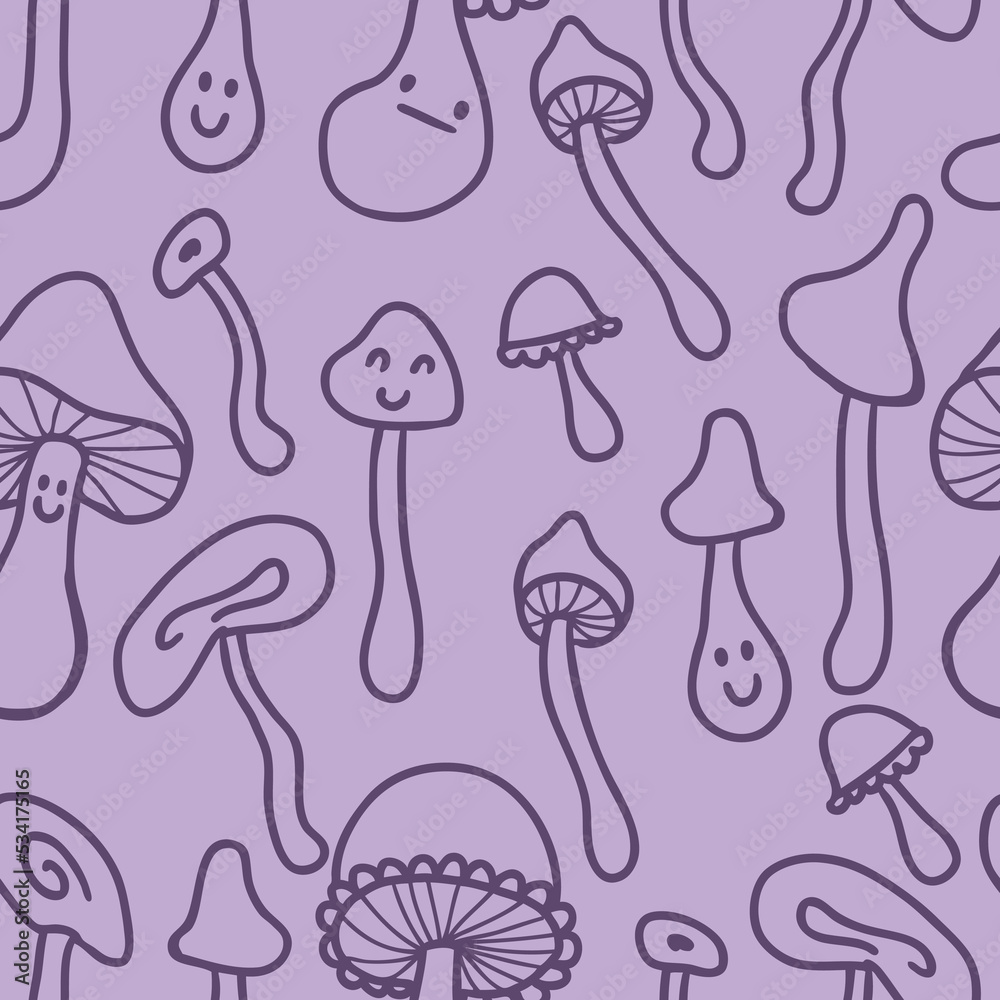 Obraz premium Seventies style agaric mushrooms doodle seamless pattern. Perfect print for tee, paper, fabric, textile. Retro vector illustration for decor and design.