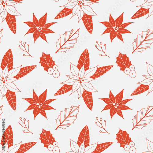 Poinsettia flower seamless pattern. Winter botany. Hand drawn line coniferous leaves and berries, xmas decor, wrapping paper. Decorative elegant red elements, botanical vector christmas background