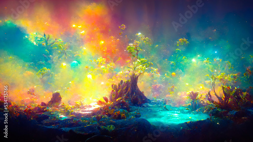 seabed landscape with algae and vegetation of super bright colors in fantasy style