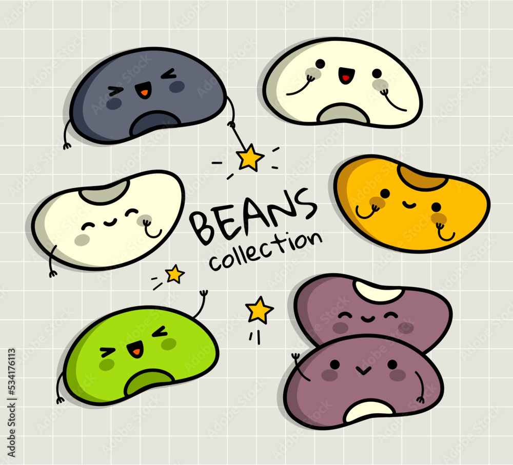 Kawaii beans collection. Cute kawaii characters. Happy beans in cartoon