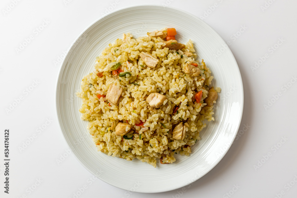 Chicken breast fried rice on white background Chicken breast fried rice on white background