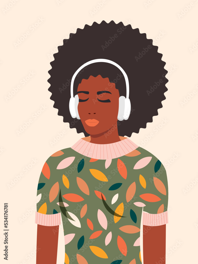 Fototapeta premium A young beautiful American woman in headphones listens to music. The concept of relaxation, good mood, rest. Vector.