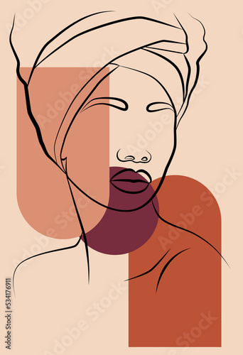 Abstract portrait of an African woman in a minimalist style. Women's wall art poster. Geometric shapes.