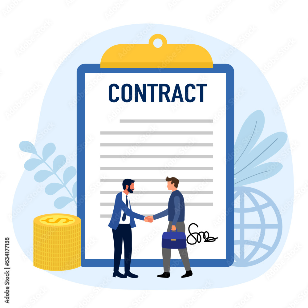 Business contract concept vector illustration. Businessman agreement with document in flat design on white background. Business contract concept vector illustration. Businessman agreement with document in flat design on white background.