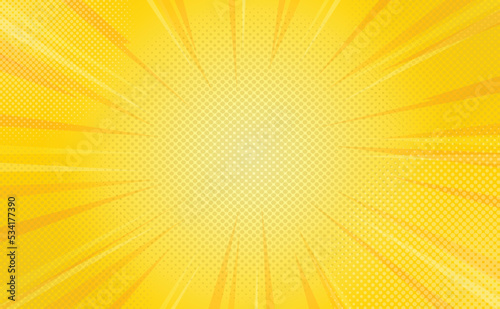 Sunburst pop art yellow comics book halftone background vector illustration..