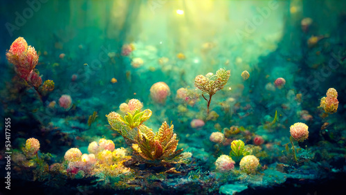 seabed landscape with algae and vegetation of super bright colors in fantasy style