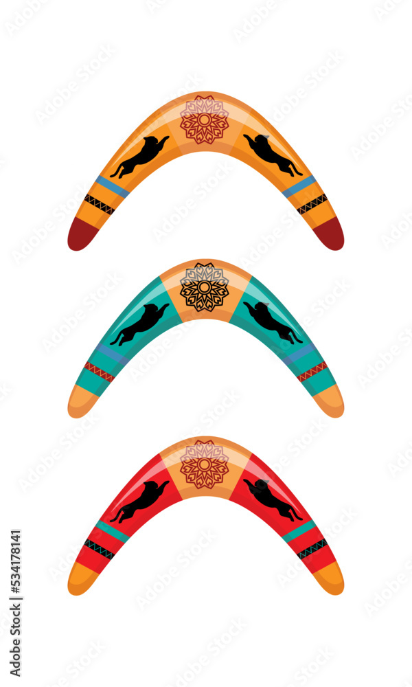 Australian boomerang set. Vector illustration, Cartoon on white background. tribal style