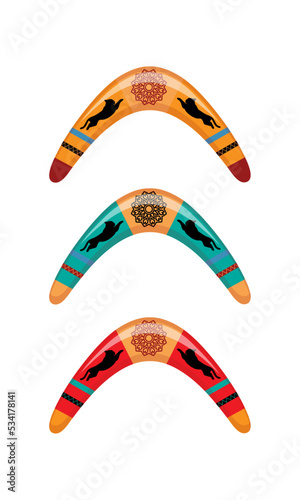 Obraz na płótnie Australian boomerang set. Vector illustration, Cartoon on white background. tribal style w salonie
