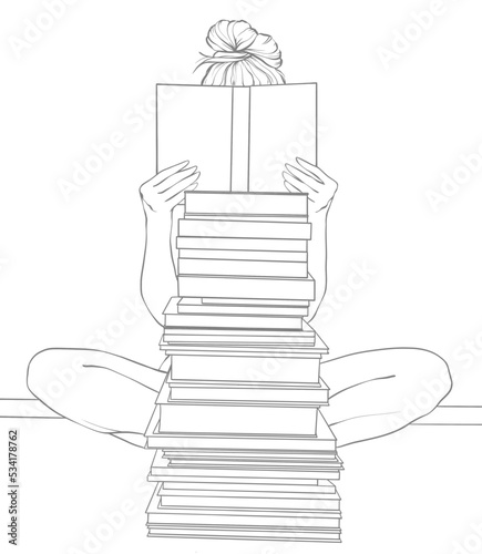 Beautiful girl reading a book. Student life in university concept. Outline vector illustration.