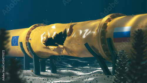 Destroyed yellow metal pipe underwater at the bottom of the ocean. Concept of oil pipeline, gas pipeline, gas transportation. Trumpet with Russian and EU flags. 3d rendering