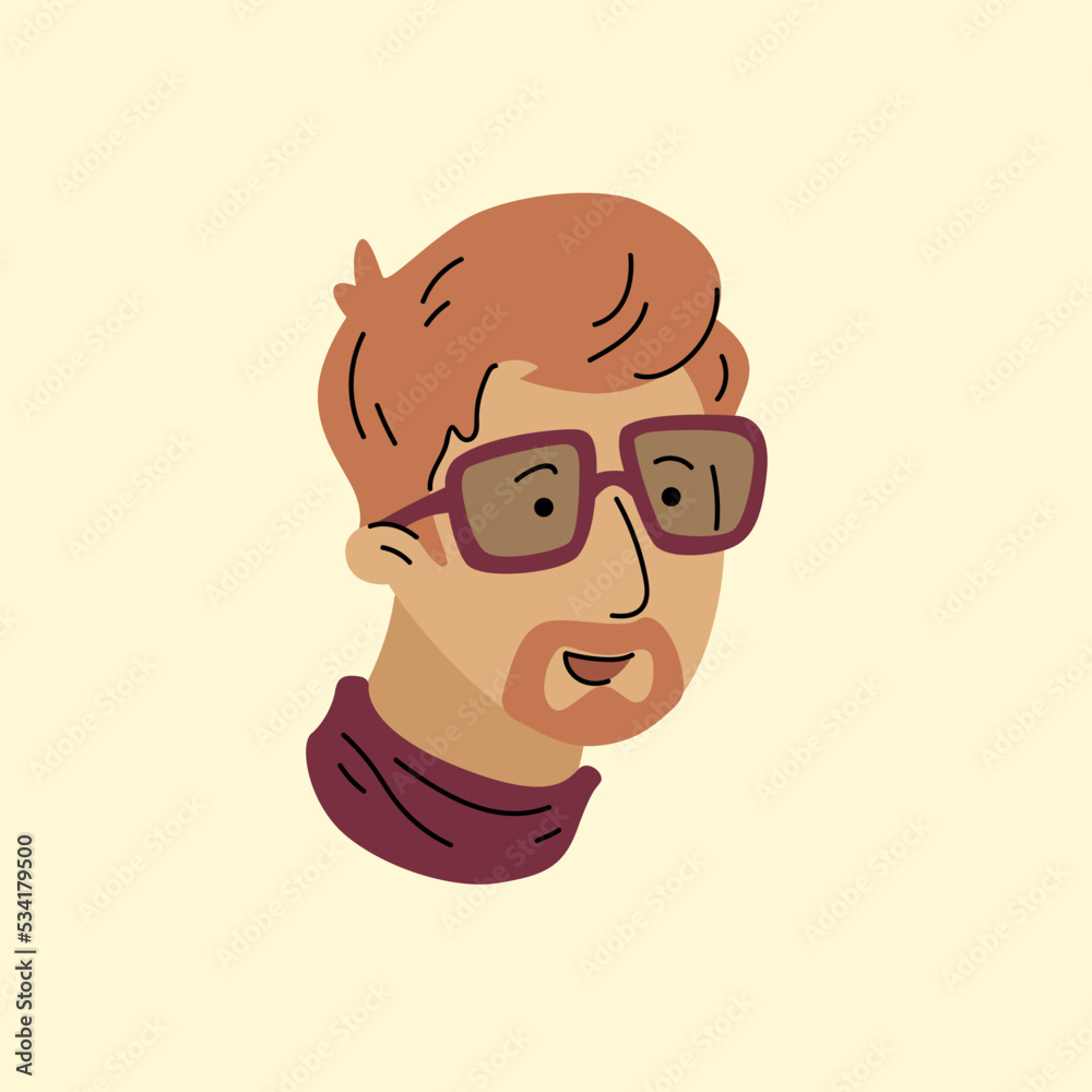 A man's head. Male head close-up. Minimalistic cute cartoon-style graphics. The person's face is drawn in a flat style.