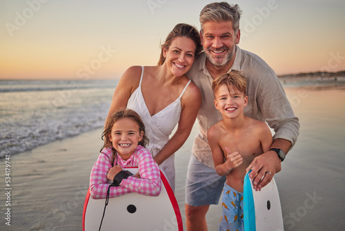 Canvas Print Surfing, happy family on a beach for holiday outdoor wellness, healthy lifestyle and development with love, support and care