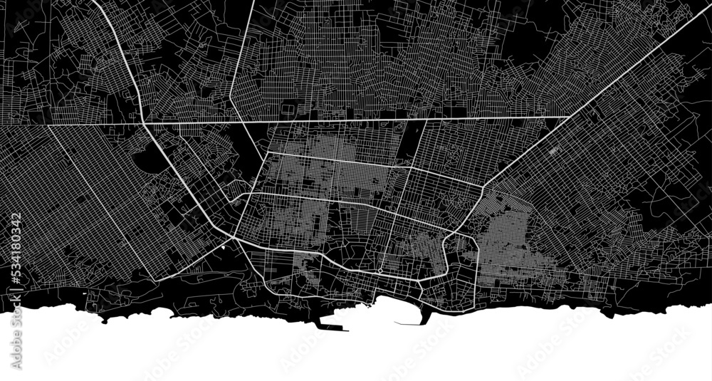 Mogadishu vector map. Detailed black map of Mogadishu city poster with roads. Cityscape urban vector.