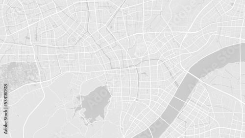 White and light grey Hangzhou city area vector background map, roads and water illustration. Widescreen proportion, digital flat design.