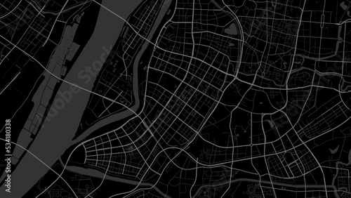Dark black Nanjing city area vector background map, roads and water illustration. Widescreen proportion, digital flat design.