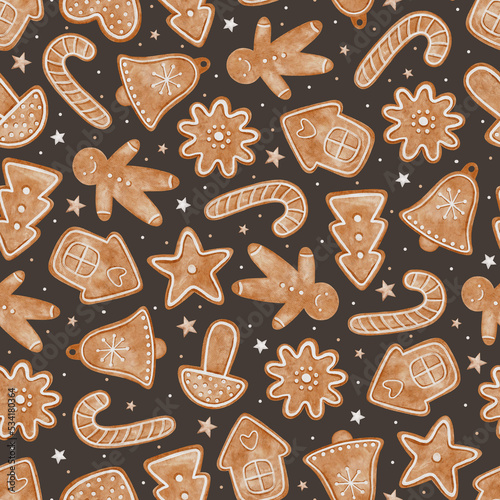 Christmas seamless pattern with gingerbread cookies. Christmas house, gingerbread man, tree, mushroom, flower, candy cane, bell and christmas star.