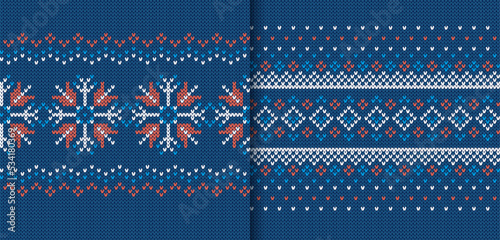 Christmas knitted print. Holiday seamless ornament. Set of Xmas winter patterns. Festive crochet. Vector.