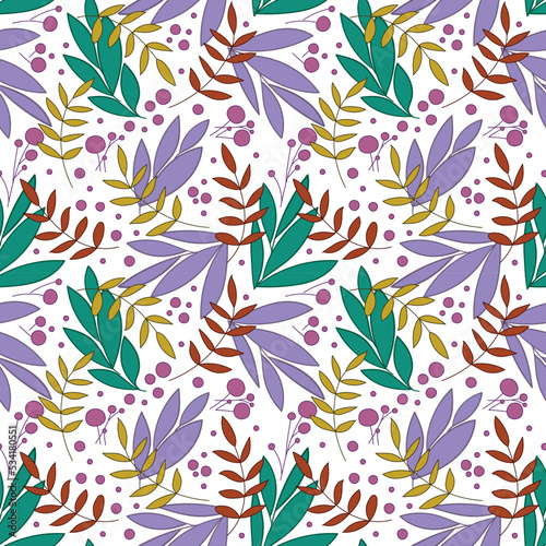 Doodle seamless pattern. Abstract pattern with leaves, branches and circles. Suitable for printing on paper, cover design, fabric