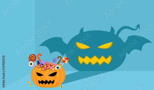 Sweet candy lollipop dessert in cute orange pumpkin basket with spooky evil devil monster Halloween shadow on dark blue wall. Decoration for Autumn Halloween holiday celebration. Vector illustration
