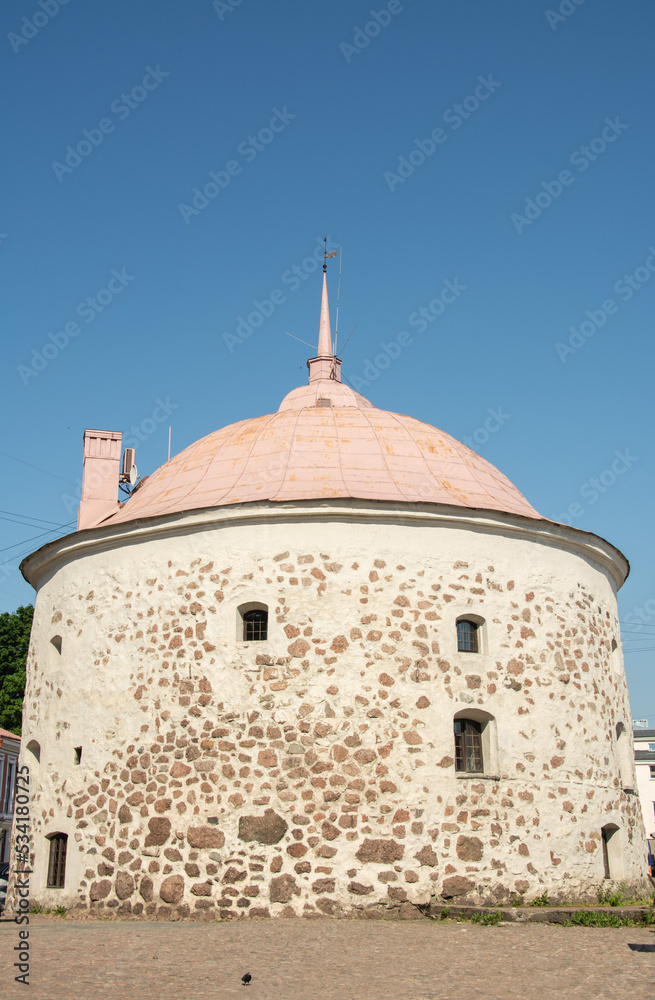 Round Tower fortification built in 1500's by the order of Gustav I of Sweden as an arsenal at the market square of Vyborg in Leningrad Oblast, Russia