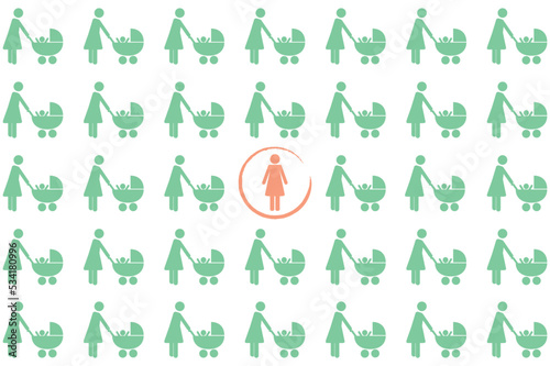 one lonely childless woman in a group of mother with baby pictorgam