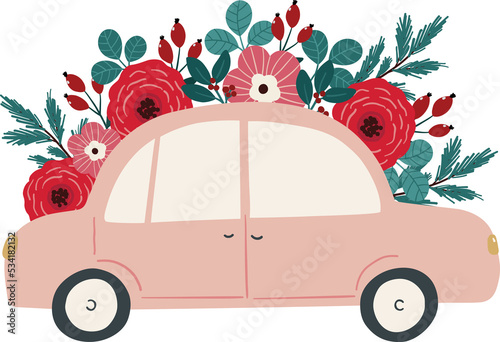 Christmas car with flower arrangement  decorative composition