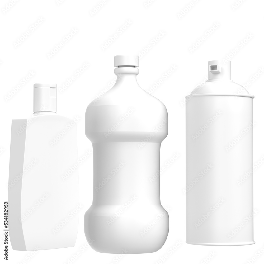 3d rendering illustration of a set of bathroom bottles 3d rendering illustration of a set of bathroom bottles