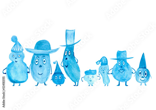Watercolor illustration blue doodle funny kid, winter family on white background for your design