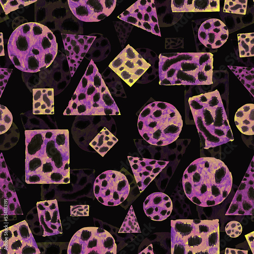 Watercolor pattern geometry animal skin, cat cheetah spot on a dark background for your seamless design
