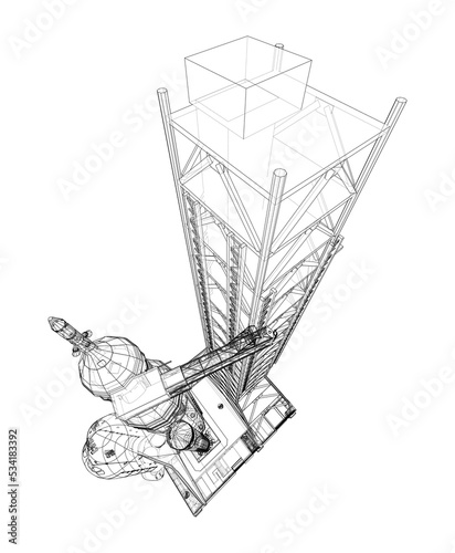 Space Rocket on launch pad. Vector rendering of 3d