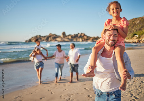 Travel, beach and happy family bonding and walking along the ocean, laughing and talking in nature. Love, freedom and children looking excited with parents and grandparents on sea vacation in Mexico
