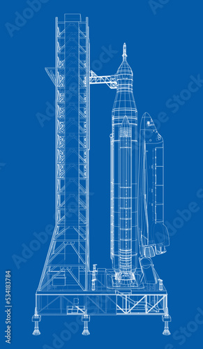 Space Rocket on launch pad. Vector rendering of 3d