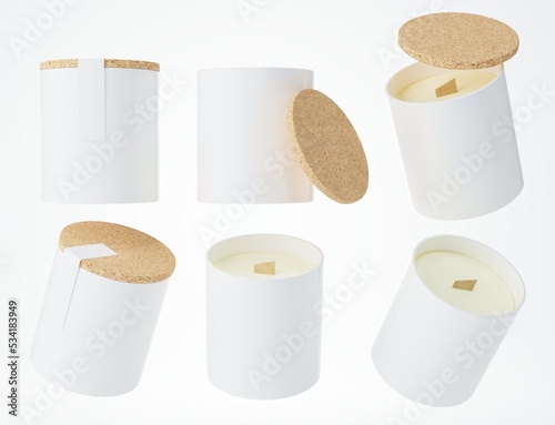 Obraz na plátně Aroma candle with wooden wick in white ceramic jar with cork lid 3D render, bran