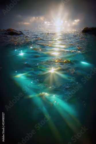 water texture background crystal ocean water reflects lights, Generative AI