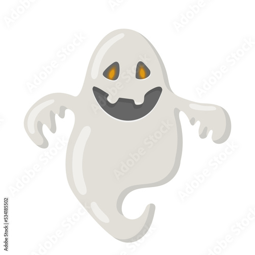 Funny happy ghost. Childish spooky boo character for kids. Magic scary spirit. Isolated flat cartoon vector illustration of comic phantom