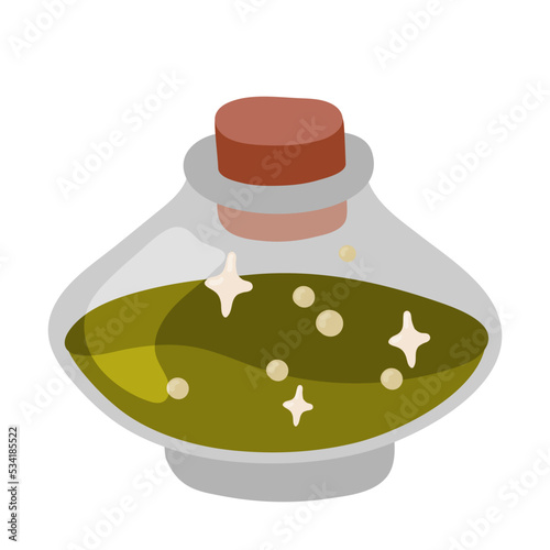 Glass bottle with a magic potion for Halloween. Nasty potion with bubbles. Nasty liquid poison with bubbles. Isolated on a white background. Cartoon illustration.