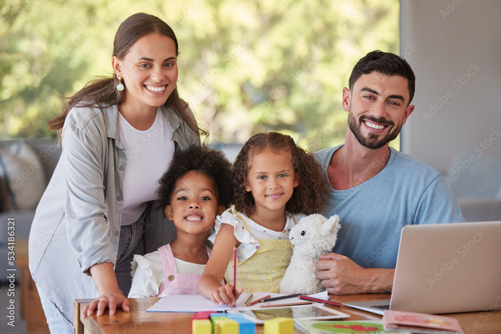 Family, children and education with kids learning at home with their mother and father for growth and development. Study, learn and school with a girl, her sister and parents in their house together