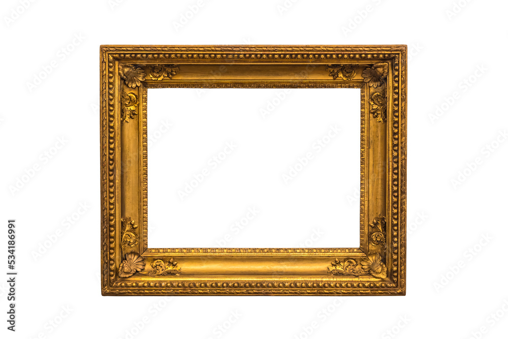 Antique wooden multi-tiered frame with patterned carved frames for paintings or photographs with gilding, highlighted on a white background. Blank for the designer. Antique wooden multi-tiered frame with patterned carved frames for paintings or photographs with gilding, highlighted on a white background. Blank for the designer.