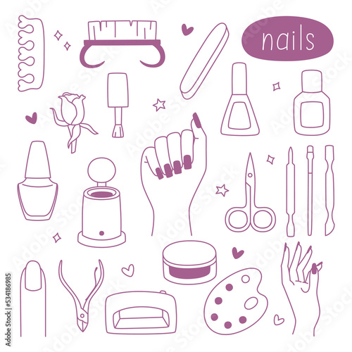 Manicure set of vector icons. Women's hands, nail polish, tools and other elements. photo
