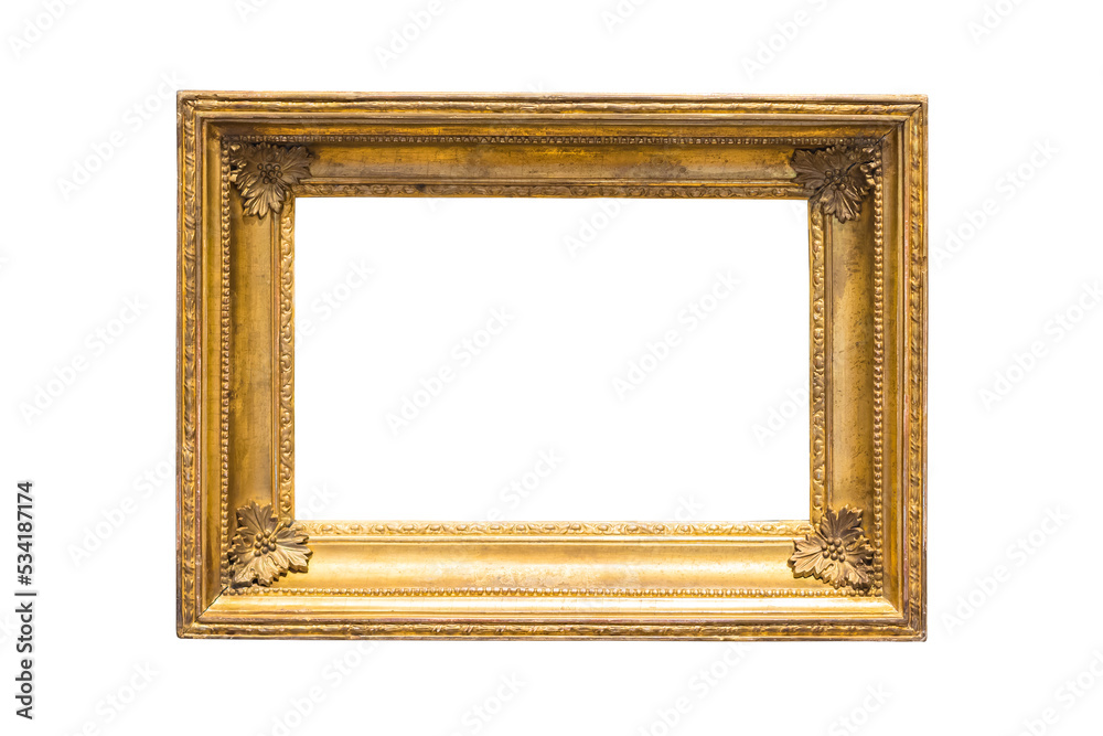 Antique wooden frame with decorated carved frames for paintings or photographs with gilding, highlighted on a white background. Blank for the designer. Antique wooden frame with decorated carved frames for paintings or photographs with gilding, highlighted on a white background. Blank for the designer.