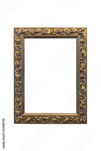 Vintage frame for photos or paintings in the color of gold blackening, highlighted on a white background. Rectangular vertical. Blank for the designer.