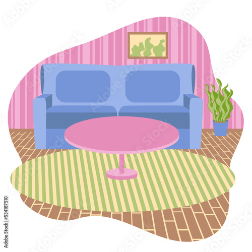 Empty room interior with sofa and round table. Simple modern cartoon vector illustration of the apartment