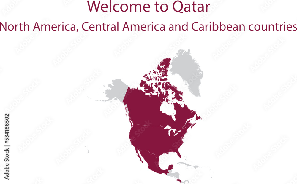 Maroon map of North America, Central America and Caribbean countries participating in International Soccer Event in Qatar inside gray map of Asian continent