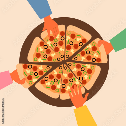 People sharing pizza for dinner in flat design. Food sharing.