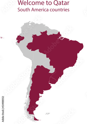 Maroon map of South America countries participating in International Soccer Event in Qatar inside gray map of South America continent