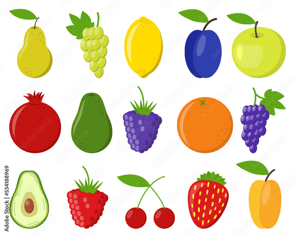 Fruit cartoon set. Fresh raspberry strawberry blackberry, bramble, dewberry grapes lemon peach pomegranate cherry apricot apple pear plum orange avocado. Healthy food flat icons isolated on white Fruit cartoon set. Fresh raspberry strawberry blackberry, bramble, dewberry grapes lemon peach pomegranate cherry apricot apple pear plum orange avocado. Healthy food flat icons isolated on white