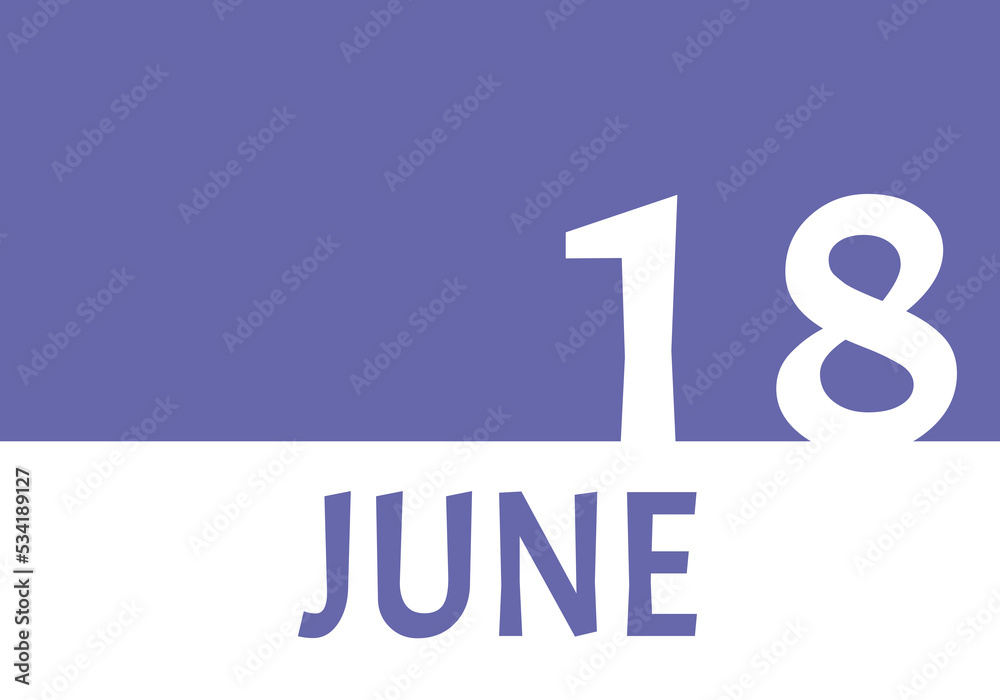 18 june calendar date with copy space. Very Peri background and white numbers. Trending color for 2022.