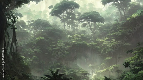 Journey to abandoned jungle, overgrown forest composition, illustration. © Korney